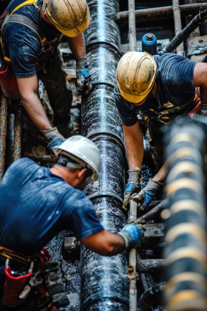 A dynamic image of a team of plumbers working together to install a new pipeline in a commercial building commercial plumbing